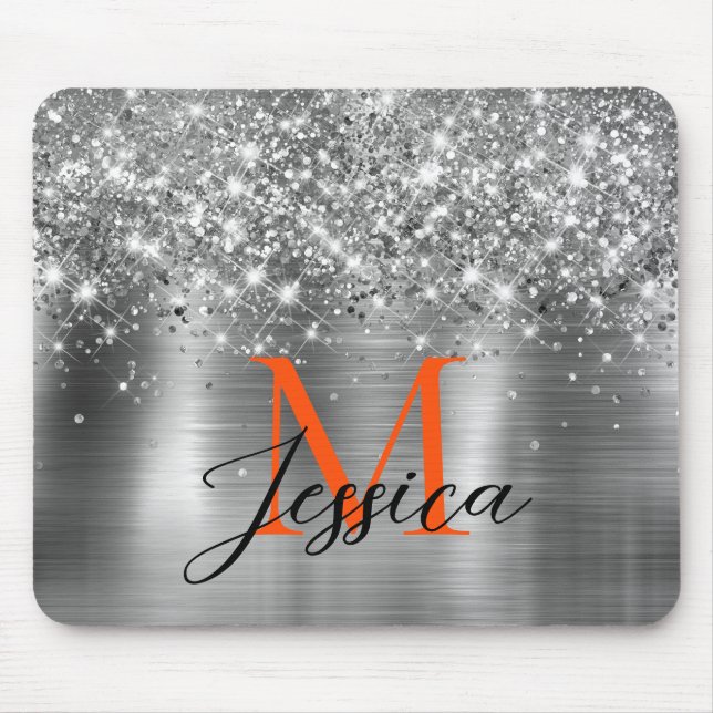 Chic Silver Foil Faux Glitter Orange Monogram Mouse Pad (Front)