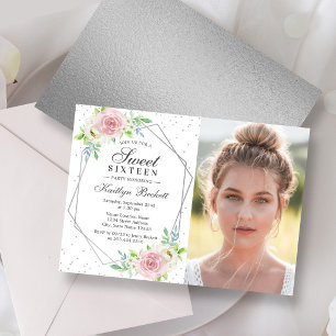 Chic Silver Foil Floral Photo Sweet 16 Birthday Invitation