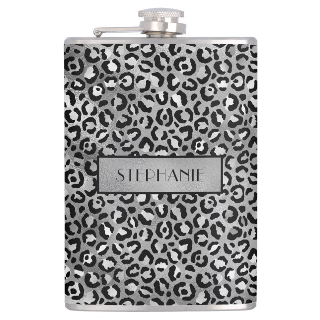 Chic Silver Foil Leopard Print Personalised Hip Flask (Front)