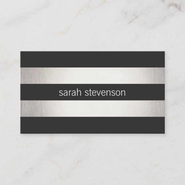 Chic Silver Foil Look Black Striped Modern Business Card (Front)