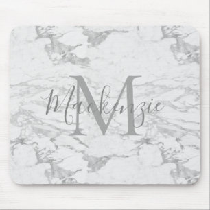 Chic Silver Foil Marble Monogram Mouse Pad