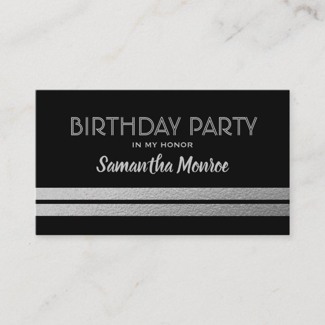 Chic Silver Foil Stripes | Black Birthday Invite (Front)