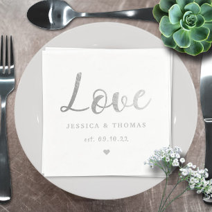 Chic Silver Foil Typography Script Love Wedding Napkin