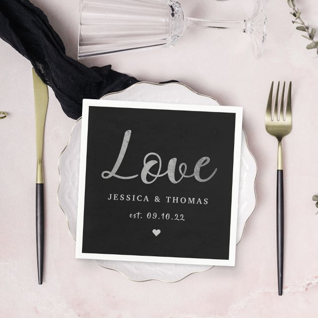 Chic Silver Foil Typography Script Love Wedding Napkin (Creator Uploaded)
