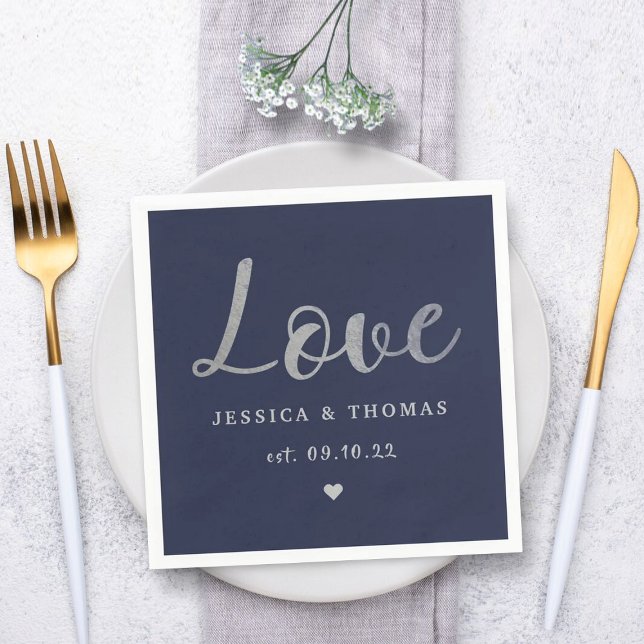 Chic Silver Foil Typography Script Love Wedding Napkin (Creator Uploaded)