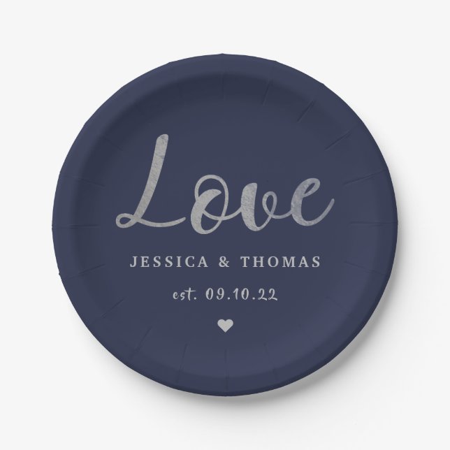 Chic Silver Foil Typography Script Love Wedding Paper Plate (Front)