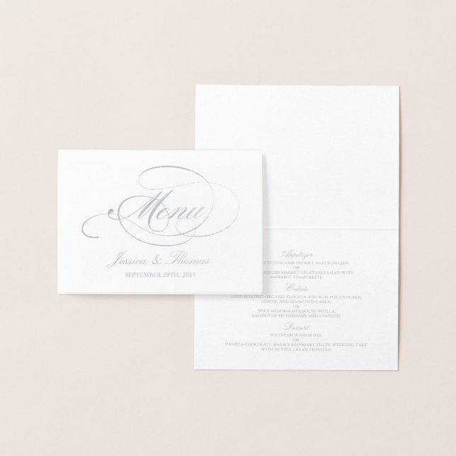 Chic Silver Foil & White Wedding Menu Template (Display)