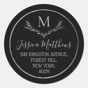Chic Silver Foil Wreath Monogram Return Address Classic Round Sticker
