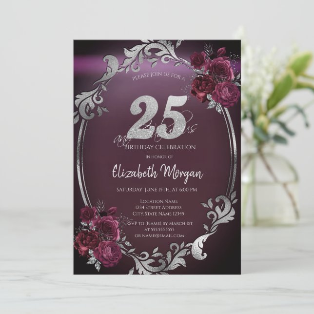Chic Silver Frame Burgundy Roses 25th Birthday Invitation (Standing Front)