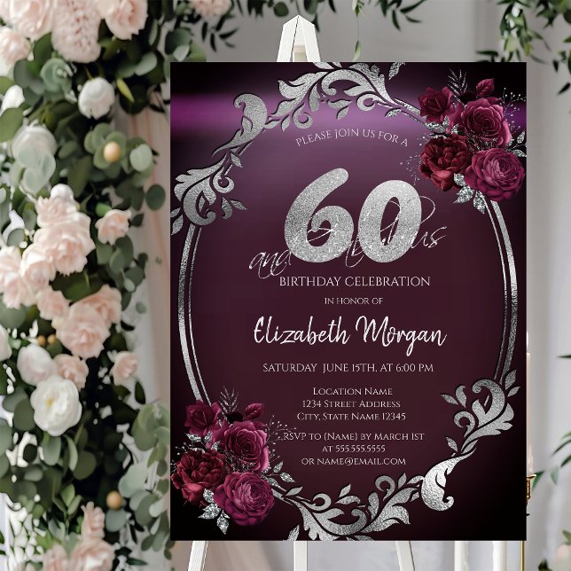 Chic Silver Frame Burgundy Roses 60th Birthday Invitation (Creator Uploaded)