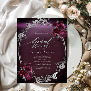 Chic Silver Frame Burgundy Roses Bridal Shower  Invitation