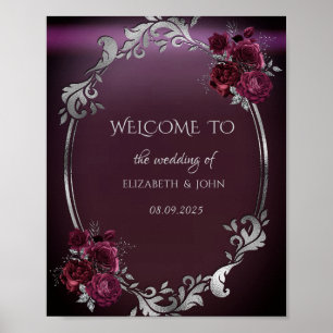 Chic Silver Frame Burgundy Roses Poster