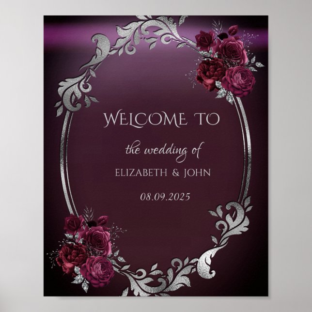 Chic Silver Frame Burgundy Roses Poster (Front)
