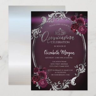 Chic Silver Frame Burgundy Roses Quinceañera Invitation