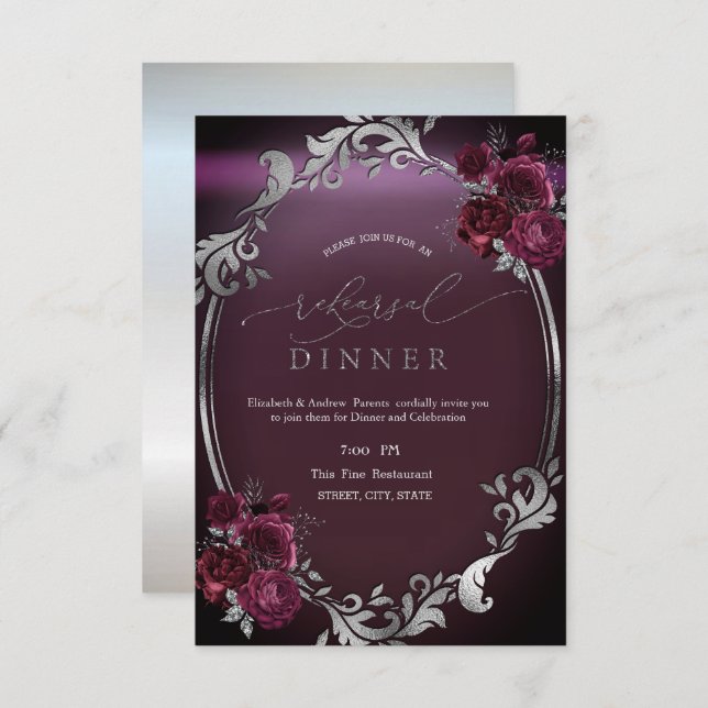 Chic Silver Frame Burgundy Roses Rehearsal Dinner Invitation (Front/Back)