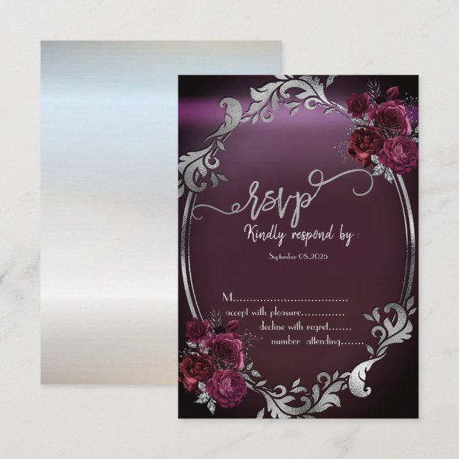 Chic Silver Frame Burgundy Roses RSVP  Invitation (Front/Back)