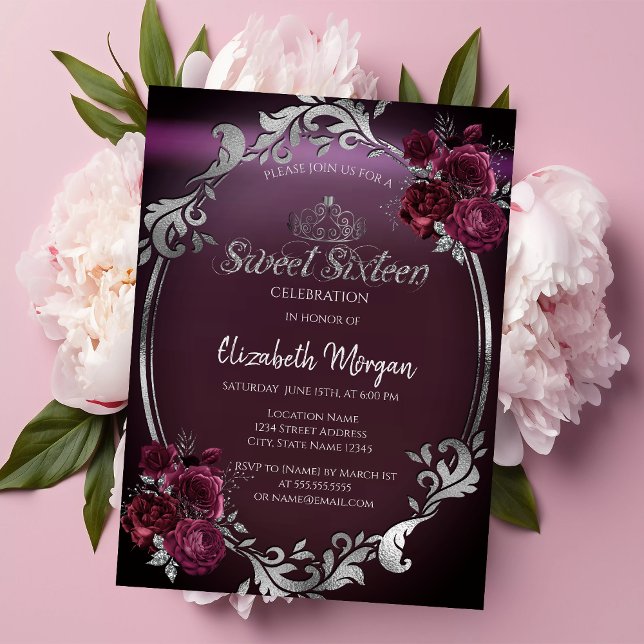 Chic Silver Frame Burgundy Roses Sweet 16 Invitation (Creator Uploaded)