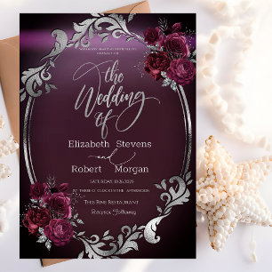 Chic Silver Frame Burgundy Roses Wedding  Invitation