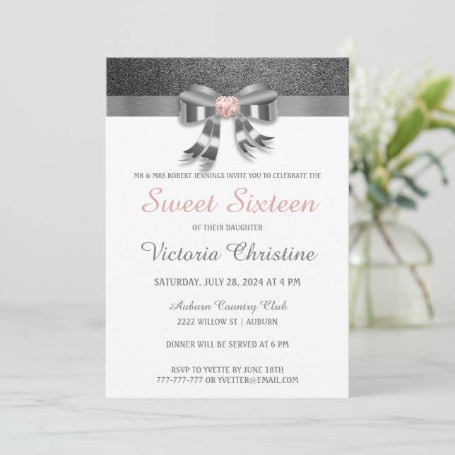 Chic Silver Glitter Birthday Invitation (Standing Front)