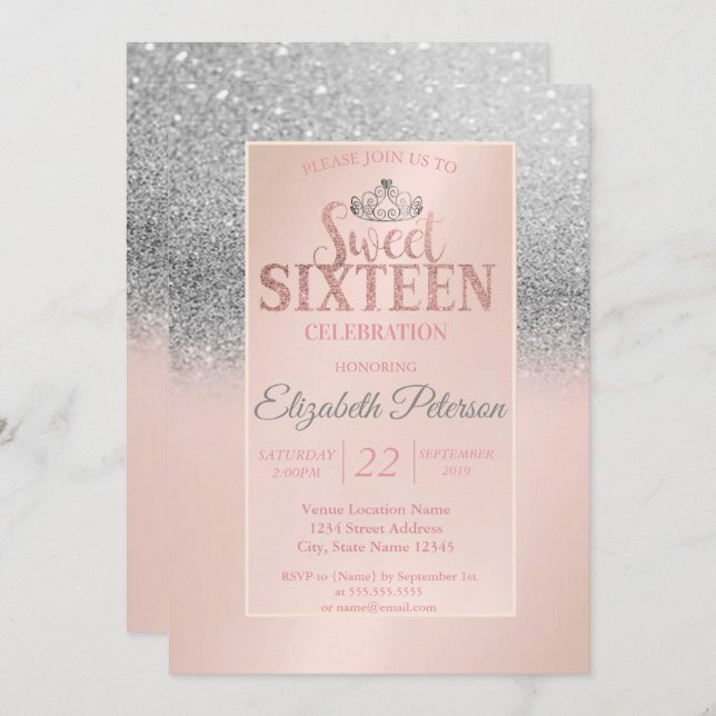 Chic Silver Glitter Bokeh,Tiara Sweet 16 Party Invitation (Front/Back)