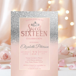 Chic Silver Glitter Bokeh,Tiara Sweet 16 Party Invitation