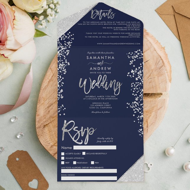 Chic silver glitter confetti navy blue wedding all in one invitation (Creator Uploaded)