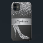 Chic Silver Glitter Diamond High Heel Shoe Name Case-Mate iPhone Case<br><div class="desc">Protect your phone in style with this chic glitter and glam phone case. This elegant design template features a high-heeled shoe made of white diamonds on a black background. Above is a stripe of silver metallic texture with your name to personalise accented by a sprinkling of silver glitter and sparkly...</div>