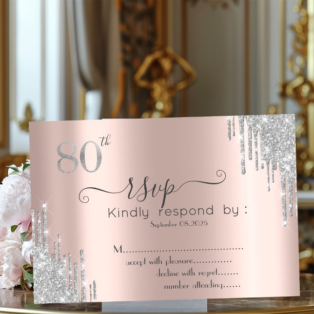  Chic Silver Glitter Drip Rose Gold 80th RSVP  Invitation (Creator Uploaded)