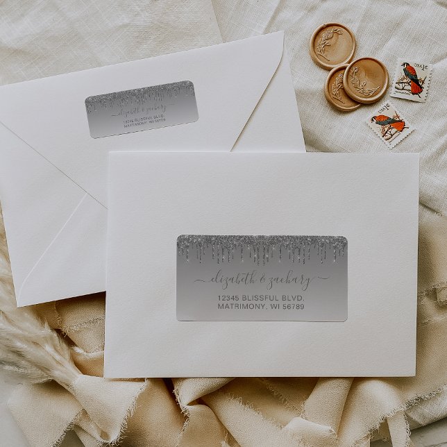 Chic Silver Glitter Drip Wedding Return Address (Creator Uploaded)