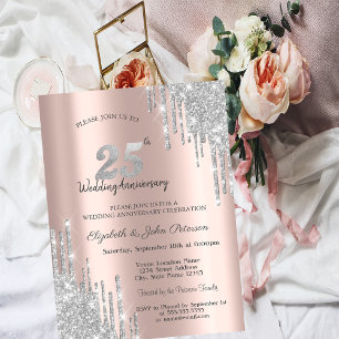 Chic Silver Glitter Drips 25th Wedding Anniversary Invitation