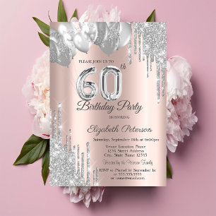 Chic Silver Glitter Drips Balloons 60th Birthday  Invitation
