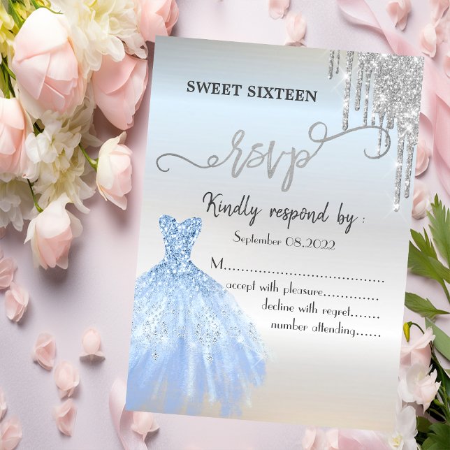 Chic Silver Glitter Drips Blue Dress Sweet 16 RSVP Invitation (Creator Uploaded)