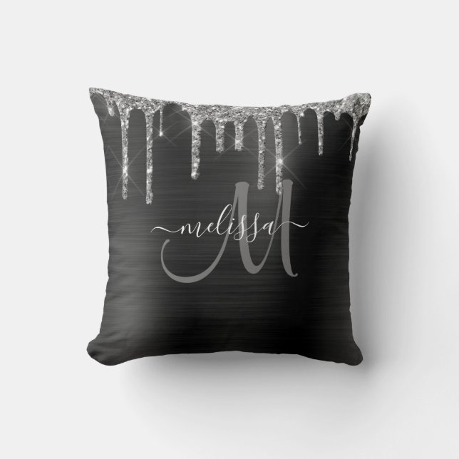 Chic Silver Glitter Drips Brushed Metallic Name Cushion (Front)