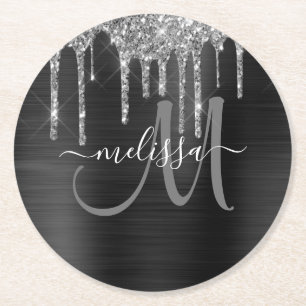 Chic Silver Glitter Drips Brushed Metallic Name Round Paper Coaster