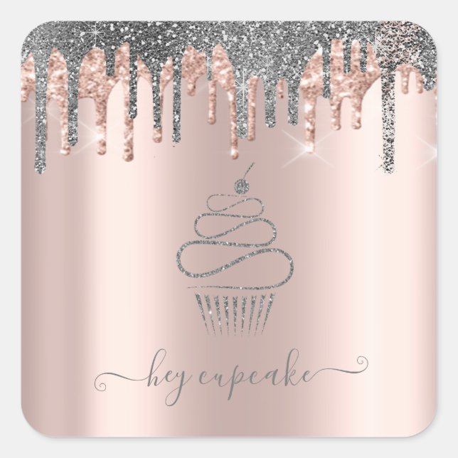 Chic Silver Glitter Drips Cupcake Rose Gold  Square Sticker (Front)