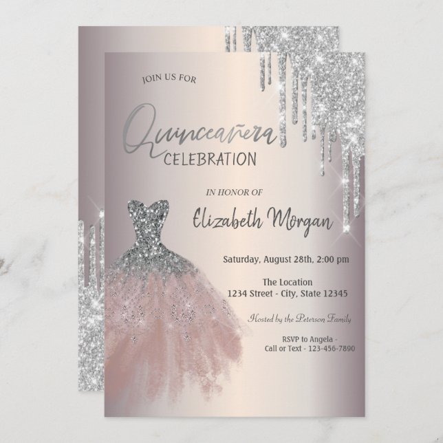 Chic Silver Glitter Drips Dress Quinceañera Invitation (Front/Back)
