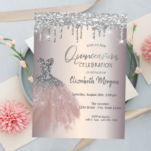 Chic Silver Glitter Drips,Dress Quinceañera  Invitation