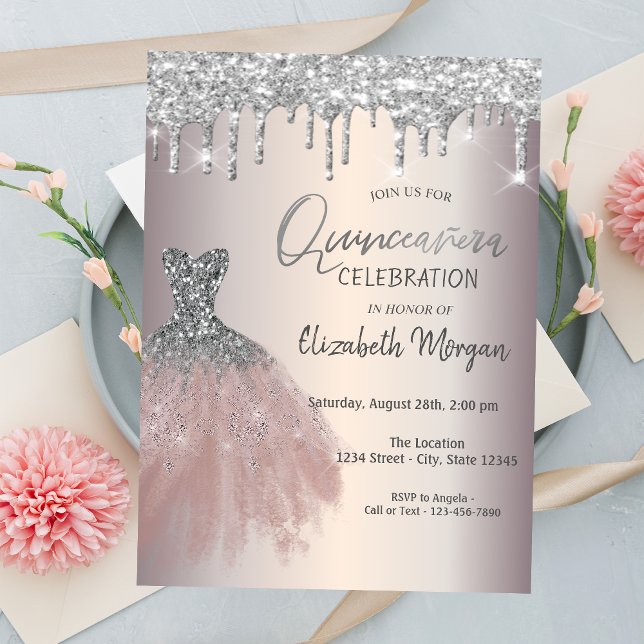 Chic Silver Glitter Drips,Dress Quinceañera  Invitation (Creator Uploaded)