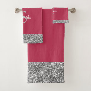 Chic Silver Glitter Drips Magenta Monogram Name Bath Towel Set