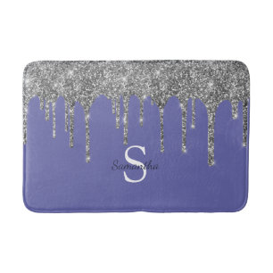 Chic Silver Glitter Drips Monogram Name Periwinkle Bath Mat