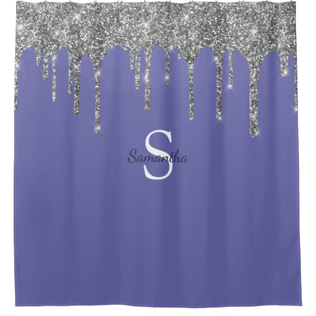 Chic Silver Glitter Drips Monogram Name Periwinkle Shower Curtain (Front)