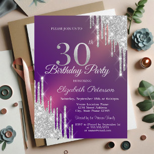Chic Silver Glitter Drips Purple 30th Birthday   Invitation