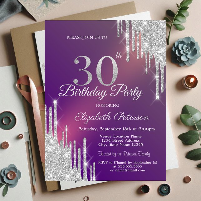 Chic Silver Glitter Drips Purple 30th Birthday   Invitation (Creator Uploaded)