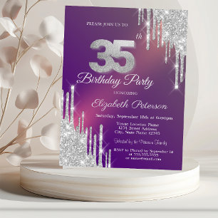 Chic Silver Glitter Drips Purple 35th Birthday   Invitation