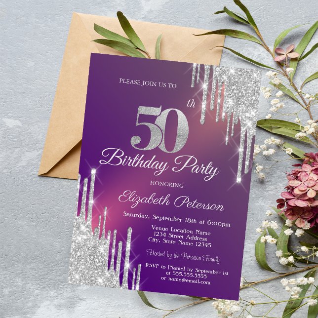Chic Silver Glitter Drips Purple 50th Birthday   Invitation (Creator Uploaded)
