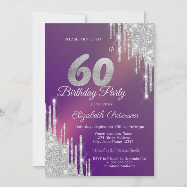 Chic Silver Glitter Drips Purple 60th Birthday   Invitation (Front)