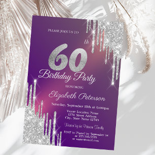 Chic Silver Glitter Drips Purple 60th Birthday   Invitation