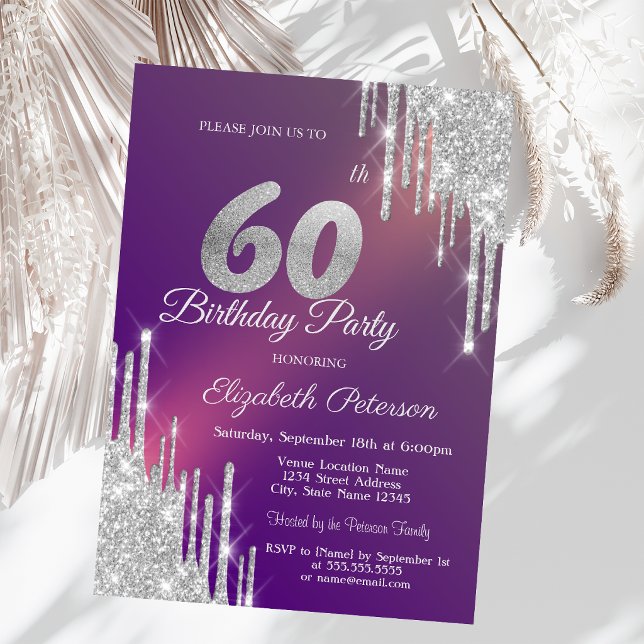 Chic Silver Glitter Drips Purple 60th Birthday   Invitation (Creator Uploaded)