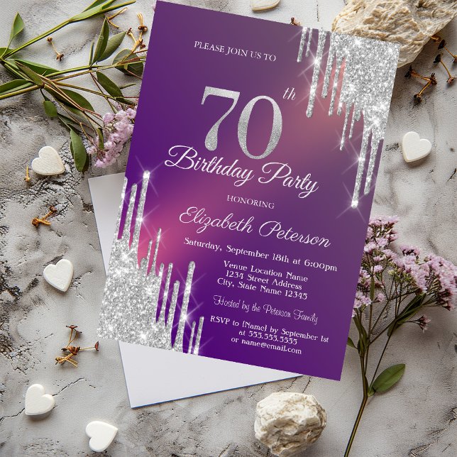 Chic Silver Glitter Drips Purple 70th Birthday   Invitation (Creator Uploaded)