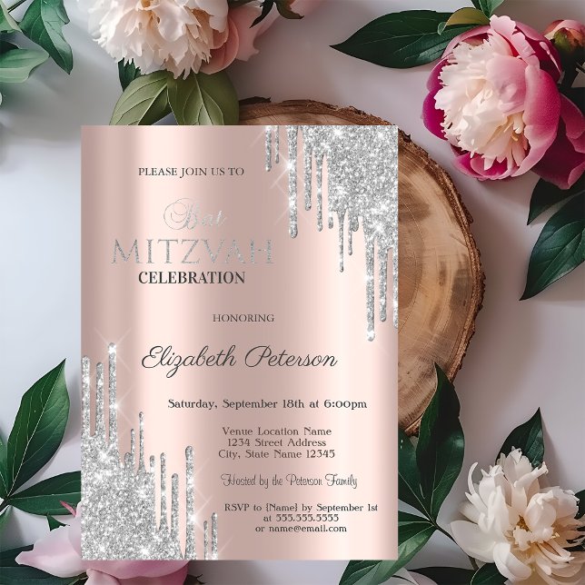 Chic Silver Glitter Drips Rose Gold Bat Mitzvah Invitation (Creator Uploaded)
